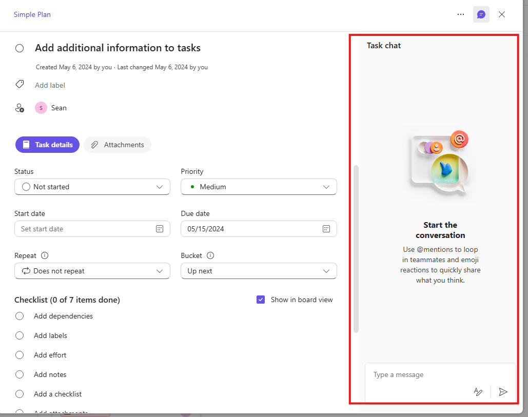 Task Chat in Planner task