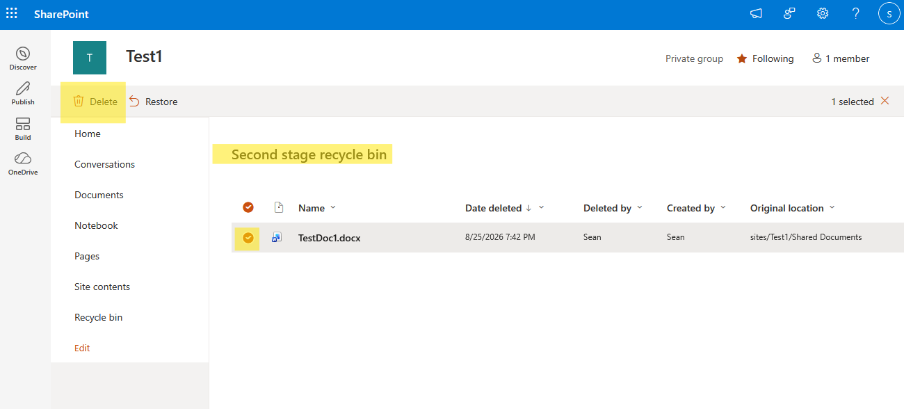 Permanently delete a file from the SharePoint second-stage Recycle Bin