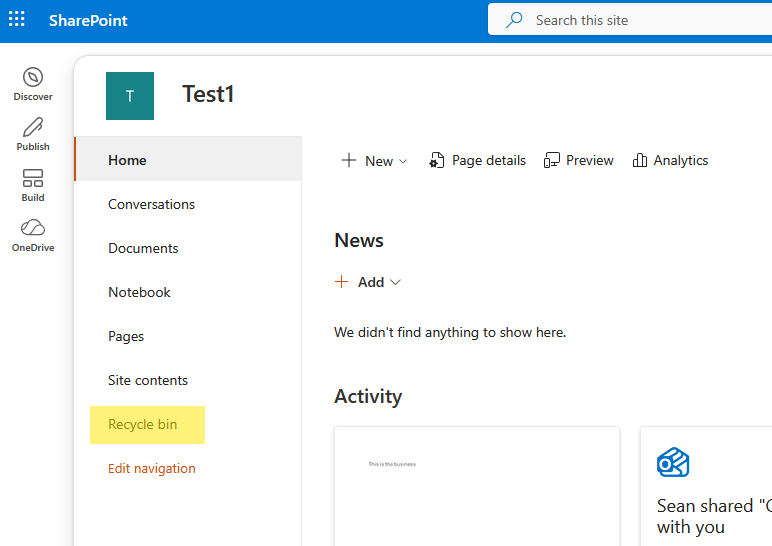 Recycle Bin link in left navigation