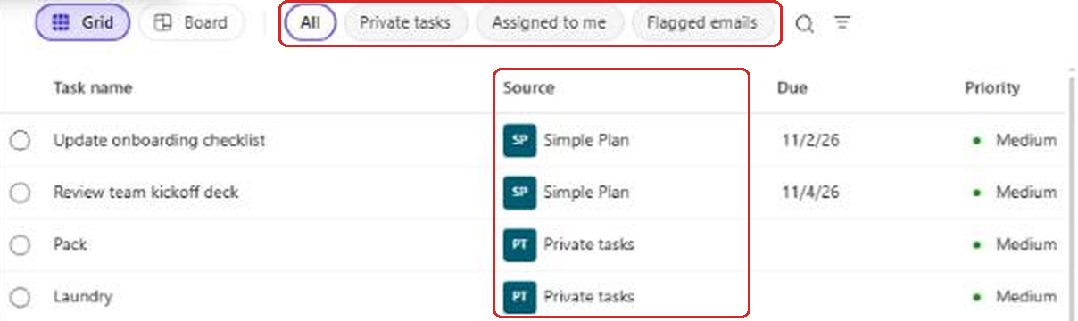 Planner My tasks in Grid view with the All, Private tasks, Assigned to me and Flagged emails filters highlighted, and the Source column showing tasks from a team plan and from private tasks