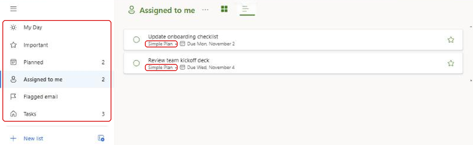 Microsoft To Do with the smart lists highlighted on the left and the Assigned to me list showing two Planner tasks labeled with their source plan