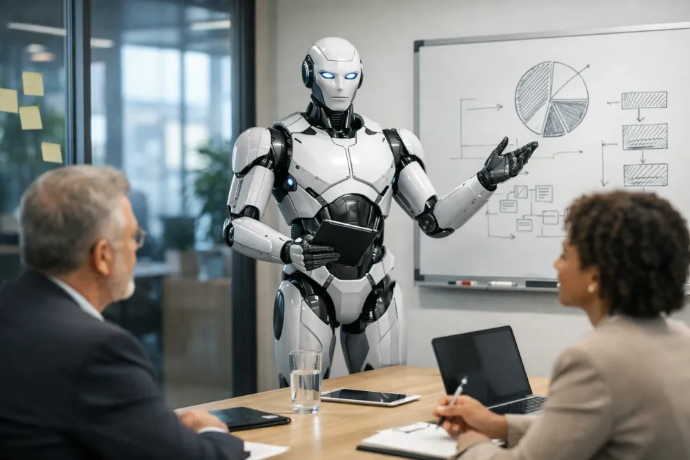 Robot Facilitator leading a team meeting.